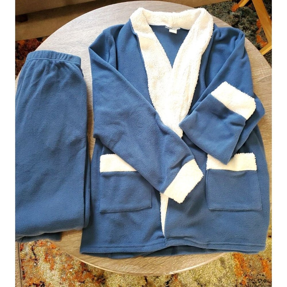 CW CLASSICS WOMEN'S Fleece Lounge Set Size 1X 2pc Open Front Pants Pockets BLUE
